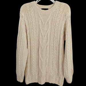 Baby Alpaca Cable Knit Fisherman Sweater Size Large Cream Soft Chunky Crew Neck